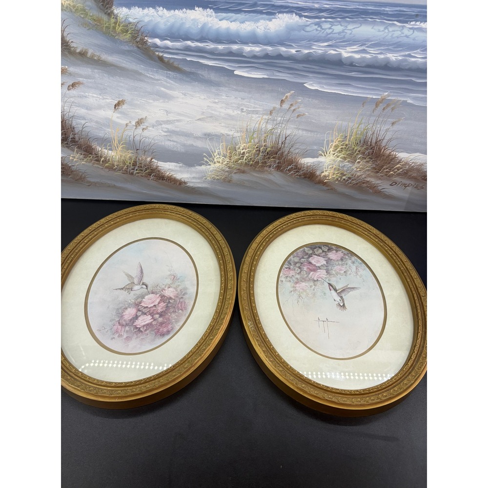 Margie Morrow Hummingbird Rose Prints Set of 2 Oval Gold Framed Floral Wall Art